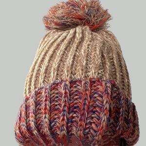 😍SHOW SPECIAL Beige Burgundy Knit Pom Pom Winter Hat NWT